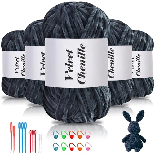 Maxee 500g(5×100g) Samtig Babywolle, Samt Chenille Garn mit Häkelwerkzeuge, Kuschelweich Velvet Chenillegarn Flauschige, Weich Plüschwolle Häkelgarn Wolle zum Stricken & Häkeln-Aquamarin von Maxee