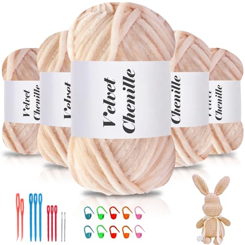 Maxee 500g(5×100g) Samtig Babywolle, Samt Chenille Garn mit Häkelwerkzeuge, Kuschelweich Velvet Chenillegarn Flauschige, Weich Plüschwolle Häkelgarn Wolle zum Stricken & Häkeln-Beige von Maxee