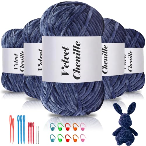 Maxee 500g(5×100g) Samtig Babywolle, Samt Chenille Garn mit Häkelwerkzeuge, Kuschelweich Velvet Chenillegarn Flauschige, Weich Plüschwolle Häkelgarn Wolle zum Stricken & Häkeln-Denim-Blau von Maxee