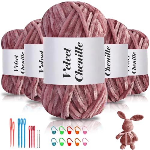 Maxee 500g(5×100g) Samtig Babywolle, Samt Chenille Garn mit Häkelwerkzeuge, Kuschelweich Velvet Chenillegarn Flauschige, Weich Plüschwolle Häkelgarn Wolle zum Stricken & Häkeln-Dunkles Rosa von Maxee