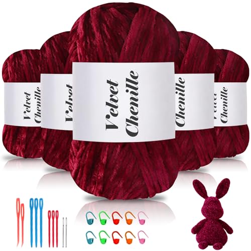 Maxee 500g(5×100g) Samtig Babywolle, Samt Chenille Garn mit Häkelwerkzeuge, Kuschelweich Velvet Chenillegarn Flauschige, Weich Plüschwolle Häkelgarn Wolle zum Stricken & Häkeln-Fuchsie von Maxee