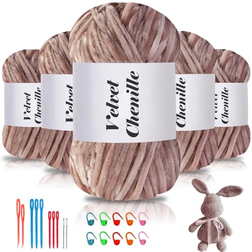 Maxee 500g(5×100g) Samtig Babywolle, Samt Chenille Garn mit Häkelwerkzeuge, Kuschelweich Velvet Chenillegarn Flauschige, Weich Plüschwolle Häkelgarn Wolle zum Stricken & Häkeln-Grau Kamel von Maxee