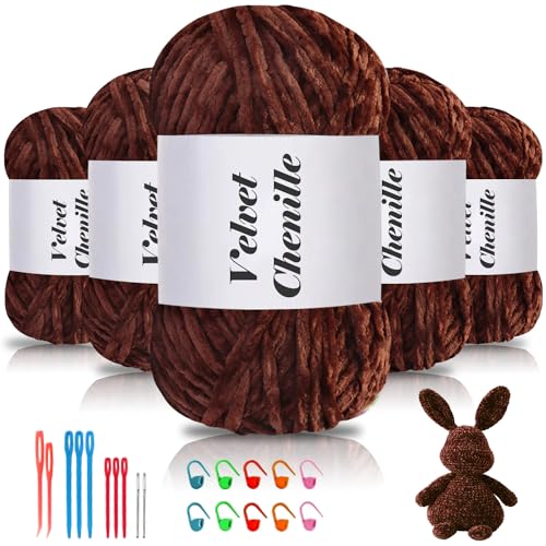 Maxee 500g(5×100g) Samtig Babywolle, Samt Chenille Garn mit Häkelwerkzeuge, Kuschelweich Velvet Chenillegarn Flauschige, Weich Plüschwolle Häkelgarn Wolle zum Stricken & Häkeln-Kaffee von Maxee