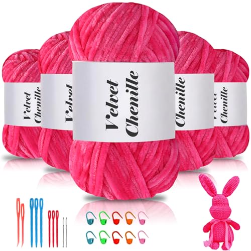 Maxee 500g(5×100g) Samtig Babywolle, Samt Chenille Garn mit Häkelwerkzeuge, Kuschelweich Velvet Chenillegarn Flauschige, Weich Plüschwolle Häkelgarn Wolle zum Stricken & Häkeln-Rosa von Maxee