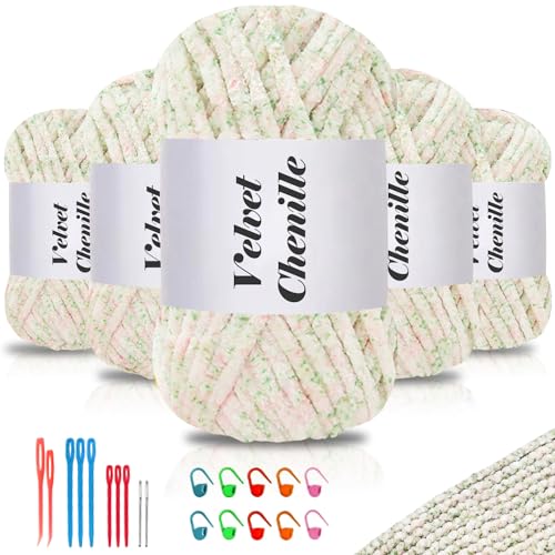 Maxee 500g(5×100g) Samtig Babywolle, Samt Chenille Garn mit Häkelwerkzeuge, Kuschelweich Velvet Chenillegarn Flauschige, Weich Plüschwolle Häkelgarn Wolle zum Stricken & Häkeln-Farbverlauf 112 von Maxee