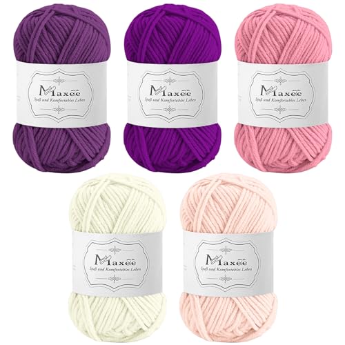 Maxee Häkelgarn 250g (50g*5 Farbe), Acryl Wolle Zum Stricken, Garn zum Häkeln und Stricken, Hand Knitting Yarn Set, Handstrickgarn Baumwollgarn für Häkeln, Wolle zum Stricken und Kunsthandwerk von Maxee