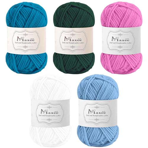 Maxee Häkelgarn 250g (50g*5 Farbe), Acryl Wolle Zum Stricken, Garn zum Häkeln und Stricken, Hand Knitting Yarn Set, Handstrickgarn Baumwollgarn für Häkeln, Wolle zum Stricken und Kunsthandwerk von Maxee