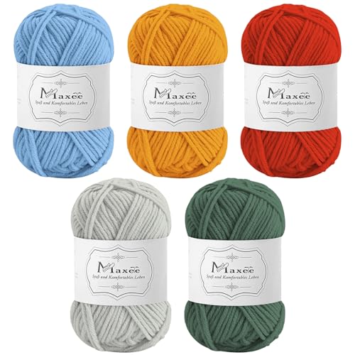 Maxee Häkelgarn 250g (50g*5 Farbe), Acryl Wolle Zum Stricken, Garn zum Häkeln und Stricken, Hand Knitting Yarn Set, Handstrickgarn Baumwollgarn für Häkeln, Wolle zum Stricken und Kunsthandwerk von Maxee