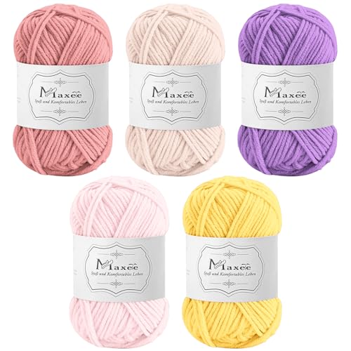 Maxee Häkelgarn 250g (50g*5 Farbe), Acryl Wolle Zum Stricken, Garn zum Häkeln und Stricken, Hand Knitting Yarn Set, Handstrickgarn Baumwollgarn für Häkeln, Wolle zum Stricken und Kunsthandwerk von Maxee