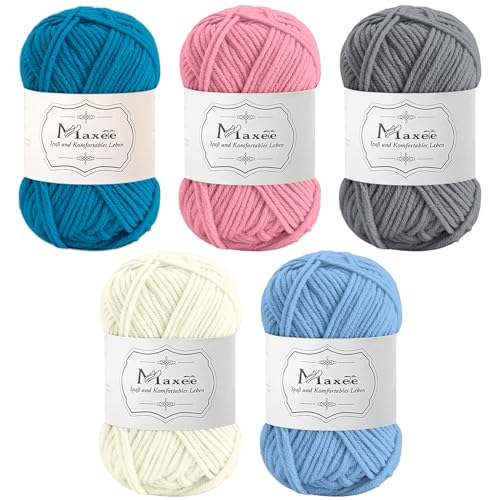 Maxee Häkelgarn 250g (50g*5 Farbe), Acryl Wolle Zum Stricken, Garn zum Häkeln und Stricken, Hand Knitting Yarn Set, Handstrickgarn Baumwollgarn für Häkeln, Wolle zum Stricken und Kunsthandwerk von Maxee