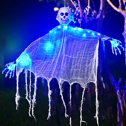 Maxee Halloween Hängende Geister Dekorationen mit 3 Stück 3 Meter Blauer Lichterkette, Halloween Hängende Sensenmänner, Halloween Skelett Deko für Halloween Indoor und Outdoor Dekoration von Maxee