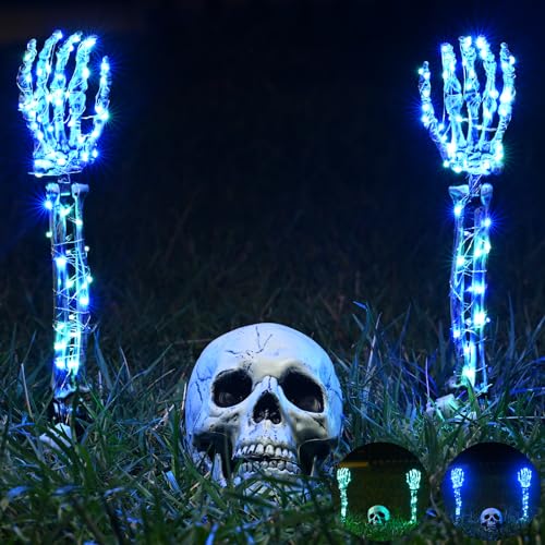 Maxee Halloween Leuchtende Skelett Totenkopf Set, 1 Totenkopf und 2 Schädel Hände mit 2 Grüne LED-Lichterketten (3 Modi), 2 Blau LED-Lichterketten (3 Modi), Halloween Deko für Draußen Garten von Maxee