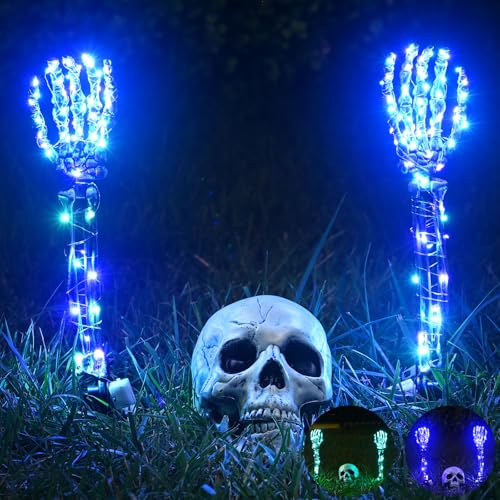 Maxee Halloween Leuchtende Skelett Totenkopf Set, 1 Totenkopf und 2 Schädel Hände mit 2 Grüne LED-Lichterketten (3 Modi), 2 Violett LED-Lichterketten (3 Modi), Halloween Deko für Draußen Garten von Maxee