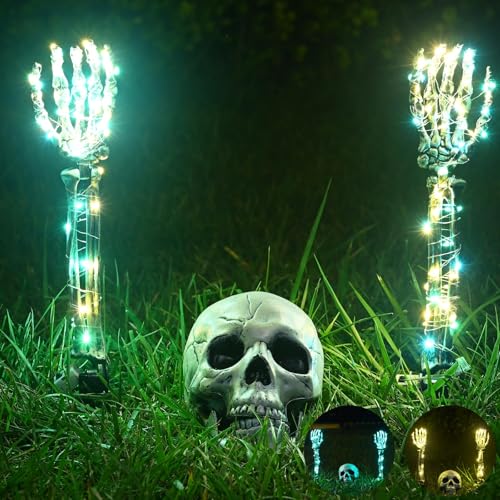 Maxee Halloween Leuchtende Skelett Totenkopf Set, 1 Totenkopf und 2 Schädel Hände mit 2 Grüne LED-Lichterketten (3 Modi), 2 Warme LED-Lichterketten (3 Modi), Halloween Deko für Draußen Garten von Maxee