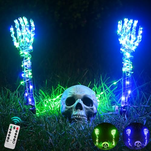 Maxee Halloween Leuchtende Skelett Totenkopf Set, 1 Totenkopf & 2 Schädel Hände mit 5m Lichterkette & Fernbedienung(8 Modi & Timer), 2 Violett Lichterketten (3 Modi), Halloween Deko für Draußen Garten von Maxee