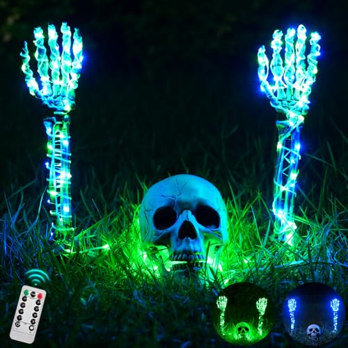 Maxee Halloween Leuchtende Skelett Totenkopf Set, 1 Totenkopf & 2 Schädel Hände mit 5m Lichterkette & Fernbedienung (8 Modi & Timer), 2 Blau Lichterketten(3 Modi), Halloween Deko für Draußen Garten von Maxee