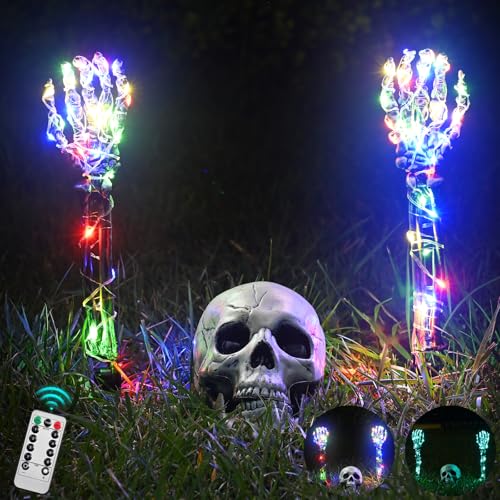 Maxee Halloween Leuchtende Skelett Totenkopf Set, 1 Totenkopf & 2 Schädel Hände mit 5m Lichterkette & Fernbedienung (8 Modi & Timer), 2 Grüne Lichterketten (3 Modi), Halloween Deko für Draußen Garten von Maxee