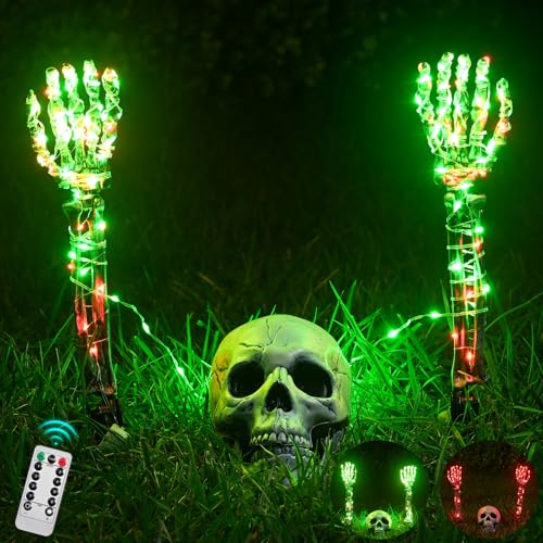 Maxee Halloween Leuchtende Skelett Totenkopf Set, 1 Totenkopf & 2 Schädel Hände mit 5m Lichterkette & Fernbedienung (8 Modi & Timer), 2 Rot Lichterketten (3 Modi), Halloween Deko für Draußen Garten von Maxee