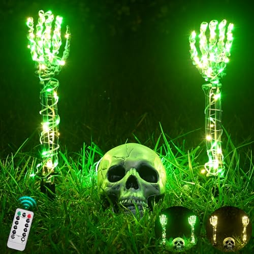 Maxee Halloween Leuchtende Skelett Totenkopf Set, 1 Totenkopf & 2 Schädel Hände mit 5m Lichterkette & Fernbedienung (8 Modi & Timer), 2 Warme Lichterketten(3 Modi), Halloween Deko für Draußen Garten von Maxee