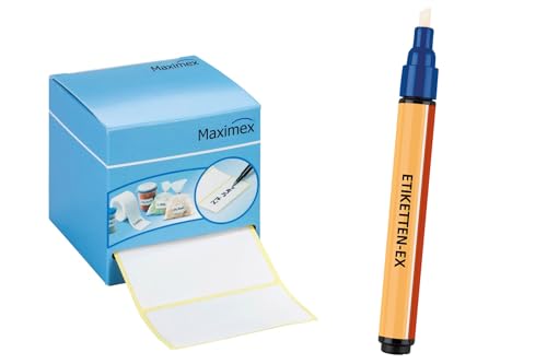 Etiketten-Ex + Haftetiketten, 4-tlg., 500 selbstklebende Etiketten mit Spenderbox, einfaches Beschriften, 6x3 cm, müheloses Entfernen von Etiketten & -rückstände mit Etiketten-Ex Stift, 6ml von Maximex