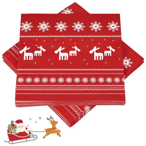 40 Stück Servietten Weihnachten Rot, Papierservietten Weihnachten, 2 Lagige Christmas Napkins mit Elch Schneeflocke Motiv, für Weihnachten Party Tischdeko(33 X 33cm) von Maxmoc