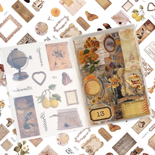 Scrapbooking Sticker, 168 Stück/20 Blatt Scrapbook Stickers, PET Scrapbooking Aufkleber, Vintage Scrapbook Zubehör für Journaling Bullet Kalender Notizbuch Fotoalbum DIY Dekoration (Gelbe Serie) von Maxmoc