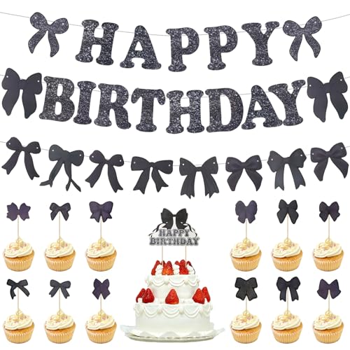 Maxqzin Schwarze Schleife Dekorationen für Party Schwarze Schleife Geburtstag Party Dekorationen Schwarz Happy Birthday Banner und Schwarze Schleife Dekorationen Schleife Kuchen & Cupcake Topper und von Maxqzin