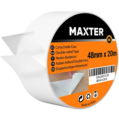 Doppelseitiges Klebeband Extra Stark - Transparentes Doppelseitiges Klebeband Dünn für Heimwerken, Basteln, Scrapbooking und mehr - Double Sided Tape (48 mm x 20 m) von Maxter