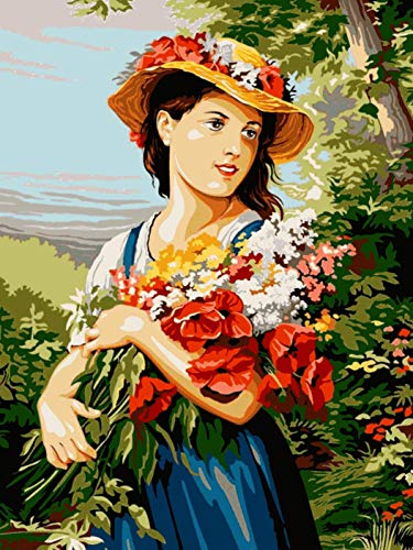 Gobelin Mädchen mit Blumenstrauß – (MG-174) (30x40 cm) Stickbild Halber Kreuzstich Stickpackung von Maya Gobelin