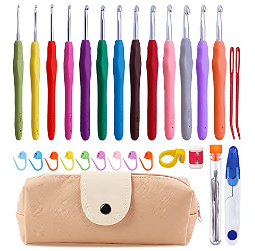 38-Packung Häkelnadel-Set, 13-teilig, 2 mm (B)-10 mm (N), ergonomische Soft-Griffe, große Öse, stumpfe Stricknadeln mit Tasche für arthritische Hände, extra lange Stricknadeln von Mayboos