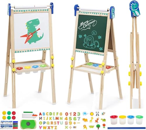 3 in 1 Kinder Staffelei mit Papierrolle, Faltbare Doppelseitiges Whiteboard und Kreidetafel Holz Kunst Staffelei Höhenverstellbar mit Aufkleber Malzubehör Ablageschale für Mädchen Jungen ab 3 Jahre von Maycoly