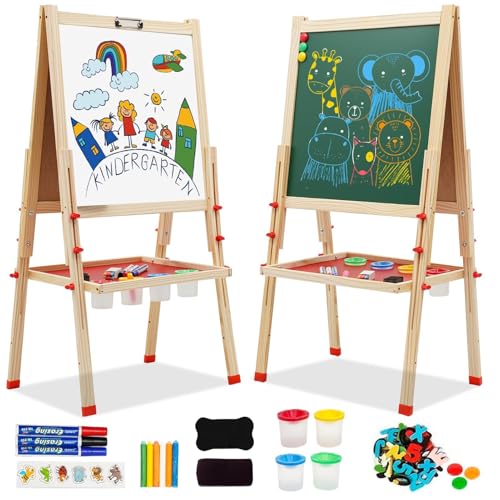 Kinder Staffelei Doppelseitiges Whiteboard und Kreidetafel Holz Kunst Staffelei Höhenverstellbar mit Aufkleber Malzubehör Ablageschale für Jungen Mädchen ab 3 Jahre von Maycoly