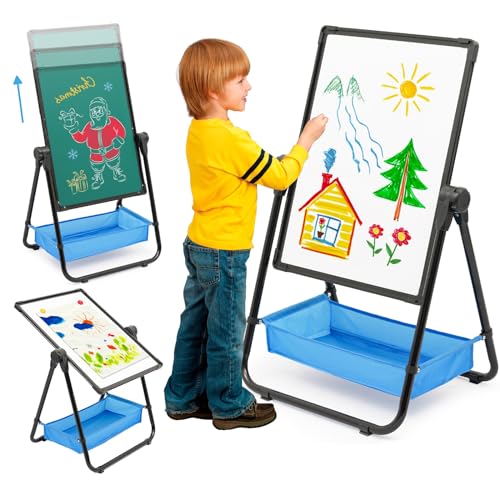 Kinder Staffelei Malerei Doppelseitige Tafel für Kinder mit Kreidetafel & Whiteboard 360 drehbare Höhenverstellbar Standtafel mit Zubehör für Jungen Mädchen ab 3 Jahre, Schwarz von Maycoly