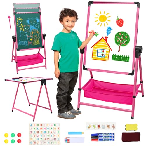 Kinder Staffelei doppelseitige Eisen Staffelei höhenverstellbar Zeichenbrett verstellbarer Ständer 360° drehbare Staffelei Whiteboard und Kreidetafel für Kinder Jungen Mädchen ab 3 Jahren (Rosa) von Maycoly