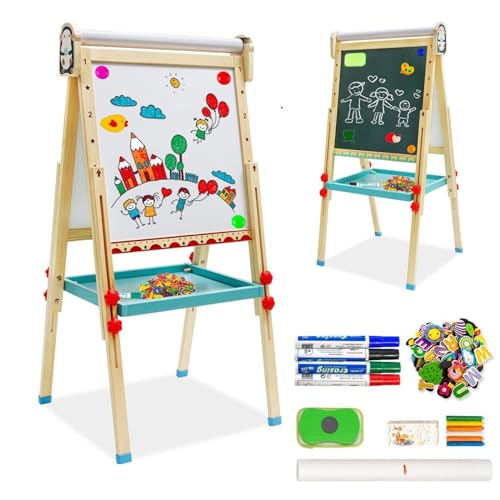 Kinder Staffelei mit Papierrolle doppelseitiges Whiteboard und Kreidetafel verstellbare Standstaffelei mit Zahlen und anderem Zubehör für Kinder und Kleinkinder von Maycoly