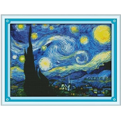 Maydear Kreuzstich-Set, gestempelt, komplettes Sortiment an Stickerei-Starter-Kits für Anfänger, DIY, 11-fädig, 3 Stränge, Sternennacht von Van Gogh, 58 x 45,7 cm von Maydear