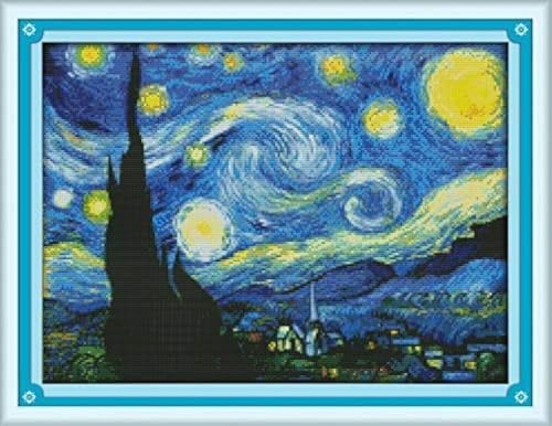 Maydear Kreuzstich-Set mit Prägung, komplettes Sortiment an Kreuzstich-Starter-Sets für Anfänger, 14 CT, 2 Stränge – Sternennacht von Van Gogh 46 x 35 cm von Maydear