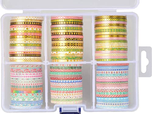 100 Rollen Washi-Klebeband-Set, Folie, goldfarben, schmal, dekoratives Abdeckband, 1–5 mm breit, DIY-Abdeckband, einige Bänder haben ein sich wiederholendes Muster (100 zufällige Muster mit Box). von Maylovely