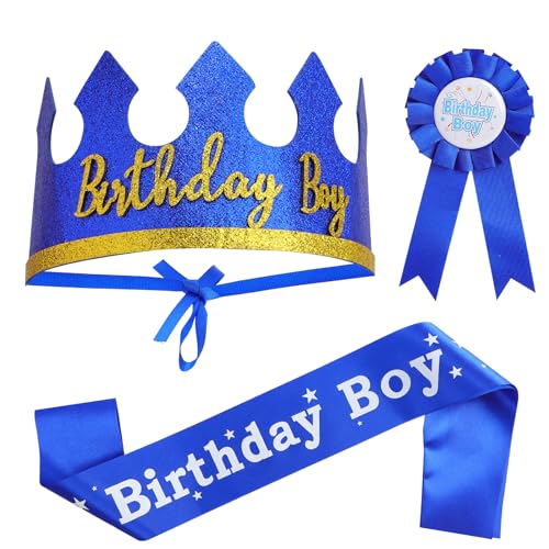 Mayoii 3 Stück Geburtstag Junge König Krone Jungen Schärpe und Knopf Pins Party Badge Set Geburtstag Banner für Jungen Geburtstagsparty (Blau) von Mayoii