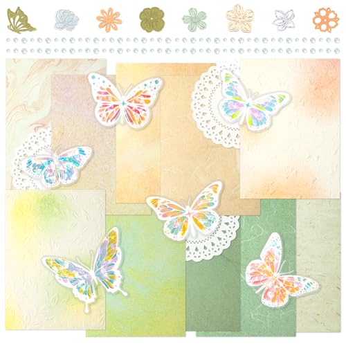 2 Packungen Scrapbooking-Papier mit glänzenden Schmetterlingsaufklebern, Papierausschnitten mit Blumenmotiven, dekorativem Farbverlaufspapier mit geprägtem Muster für Tagebuch-Collagen (Guava) von Mayplous