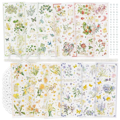 4 Packungen Blumen-Scrapbook-Aufkleber Deko-Planer-Aufkleber Glitzernder ästhetischer Aufkleber Pflanzenaufkleber Schmetterlingsaufkleber Silberfolienprägung für Kartenherstellung Tagebuch (Villa) von Mayplous