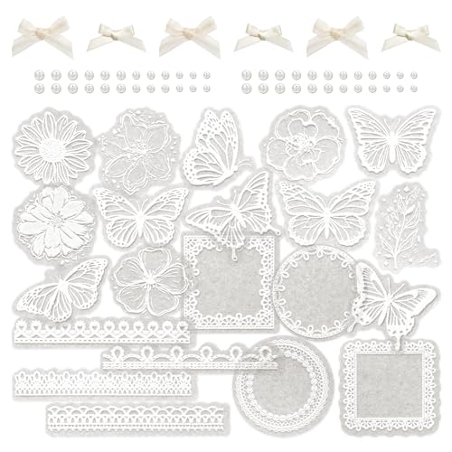 4 Packungen Vintage-Aufkleber mit weißen Blumen und Schmetterlingen, dekorative Aufkleber mit Spitzenbesatz, Scrapbooking- und Washi-Papieraufkleber, ästhetische Schaumstoffaufkleber (Mist) von Mayplous