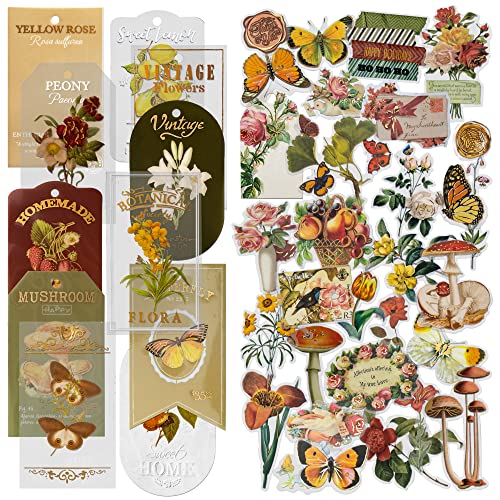 4 Packungen Vintage Natural Scrapbook Sticker Set Schmetterling Blume Deko Aufkleber Pflanze Pilz Aufkleber für DIY Handwerk Kartenherstellung Planer Dekoration Album Tagebuch Kalender (Lush) von Mayplous