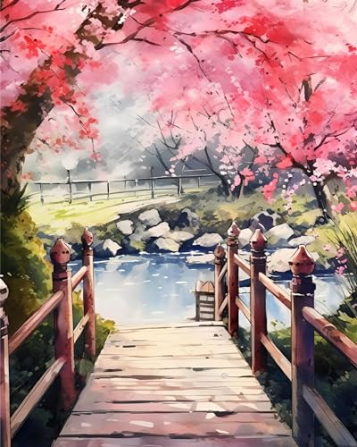 Maysurban Malen nach Zahlen Erwachsene Kinder Anfänger/ab 6 7 8 9 10 jahre mädchen,DIY Handgemalt Ölgemälde Kits Auf Leinwand,Riverbank Cherry Blossoms 40 X 50 cm ohne Rahmen von Maysurban