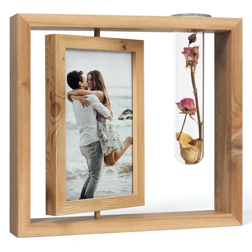 Mazjoaru Bilderrahmen 10x15 Holz Drehbare Fotorahmen mit Vase,Rustikal & Vintage Einzigartig Tischrahmen mit Double HD Glas Objektrahmen Wand Dekor Geschenk für Hochzeit Jahrestag Freunde Familie von Mazjoaru