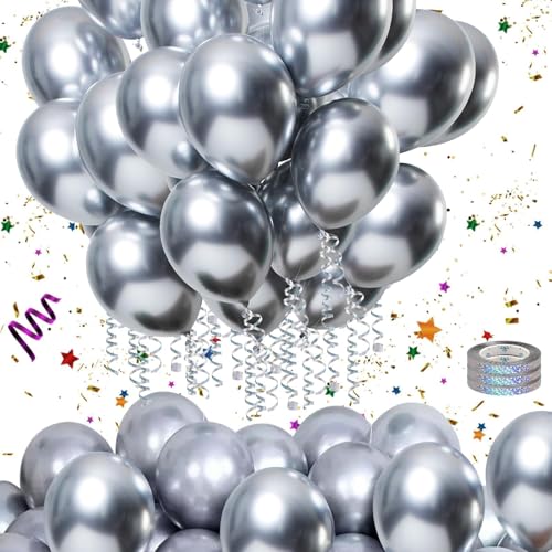 Mbsomnus 60 Piezas Globos de Cumpleaños Plata con 3 Rollos de Cintas de Colores 12 Pulgadas Globos Metálicos Globos de Látex para Boda Graduación Arco Decoración Fiesta Bautizo von Mbsomnus