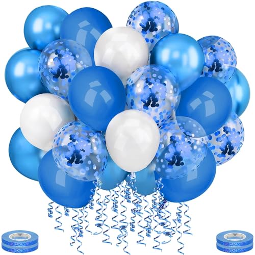 Mbsomnus 60 Stück Ballons Geburtstag Blaue Luftballons Hochzeit 30cm Metallic Blaue Konfetti mit Luftschlangen Blau Weiße Helium Latex Luftballons für Graduierung Kinder Party Geburtstagdeko von Mbsomnus