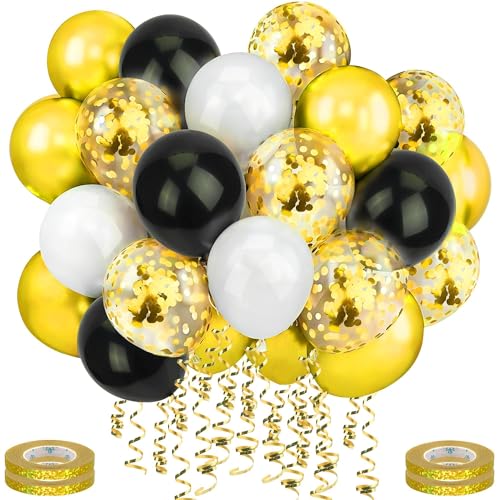 Mbsomnus 60 Stück Luftballons Geburtstag Gold Ballons Hochzeit 30cm Luftballons Metallic Gold Konfetti mit Luftschlangen Schwarz Weiße Helium Latex Ballons für Graduierung Kinder Party Geburtstagdeko von Mbsomnus