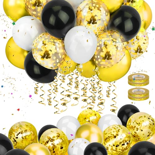 Mbsomnus 60 Stück Luftballons Geburtstag Gold Ballons Hochzeit 30cm Luftballons Metallic Gold Konfetti mit Luftschlangen Schwarz Weiße Helium Latex Ballons für Graduierung Kinder Party Geburtstagdeko von Mbsomnus