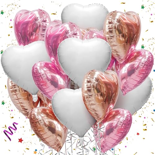 Mbsomnus Herzluftballons 18 Zoll Folienballon 15 Stück Helium Ballons Hochzeit Herz Luftballon Metallic Rosa Weiß Roségold Große luftballons für Geburtstag Party Valentinstag Verlobung Hochzeit Deko von Mbsomnus